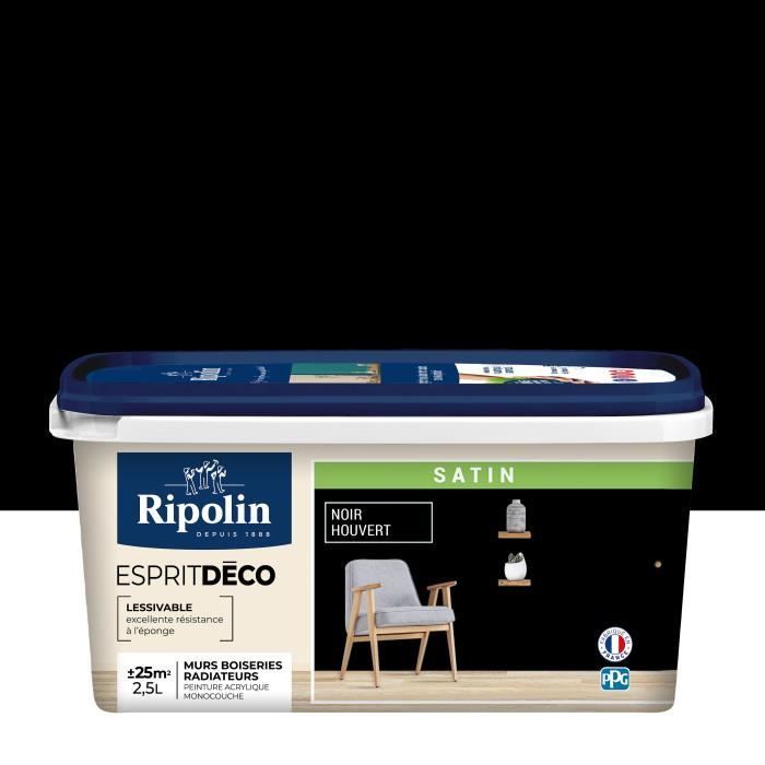 Satin Interior Paint for Kitchen, Living Room, Bedroom - on Walls, Woodwork, Radiators - 2.5L - Black - Ripolin