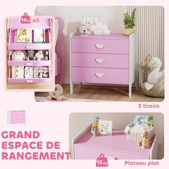 Cómoda infantil - AIYAPLAY - 3 cajones - para dormitorio infantil, guardería, sala de juegos - MDF - 60 x 40 x 60 cm - rosa