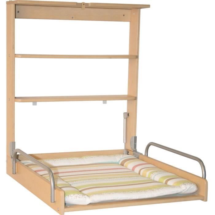 Cambiador plegable de pared ROBA DSCHUNGELBABY - Colchón a rayas multicolor incluido - 2 estantes integrados - Madera natural