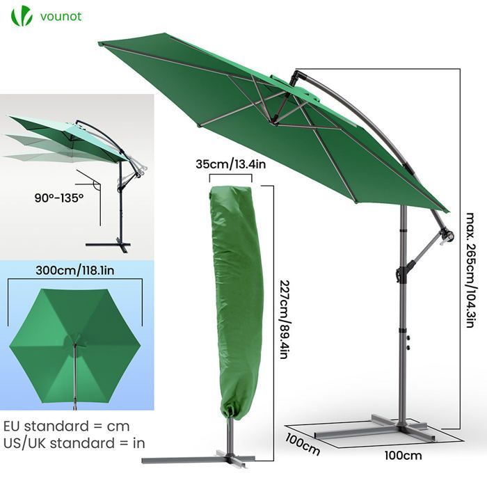 VOUNOT® Parasol déporté inclinable 3M Vert - Rotatif 360° - Inclinaison réglable - Manivelle anti-retour - Housse de protection