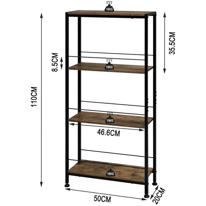 WOLTU Schmale 4-stufige Eckablage, für Küche und Wohnzimmer, MDF, Metallrahmen, Rustikales Braun + Schwarz, 50 x 20 x 110 cm