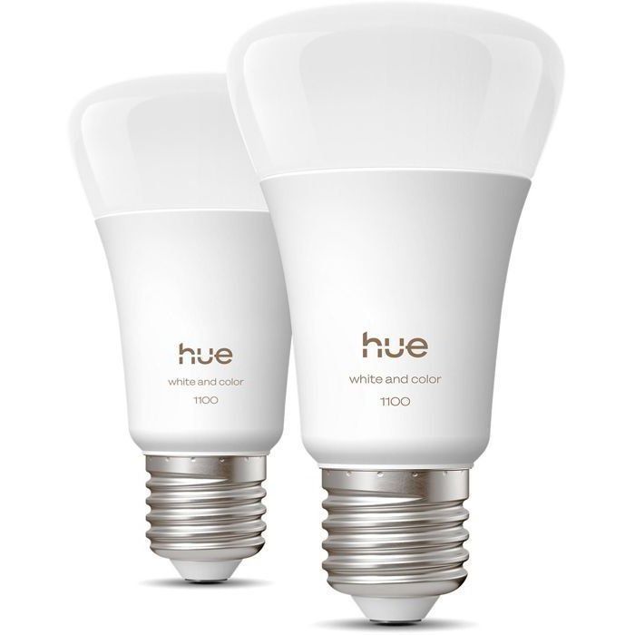 Pack de 2 ampoules LED connectées A60 - PHILIPS HUE - Lumière blanche et colorée - Culot E27 - 8,1W - 1000-2000k - 1100 lumens