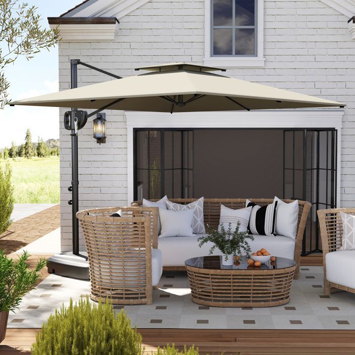 Zweefparasol - Outsunny - vierkant - 2,5 x 2,5 m - met draaihendel, 2 voetstukken - dubbel doek - UV-bestendig - 8 baleinen - lichtgrijs