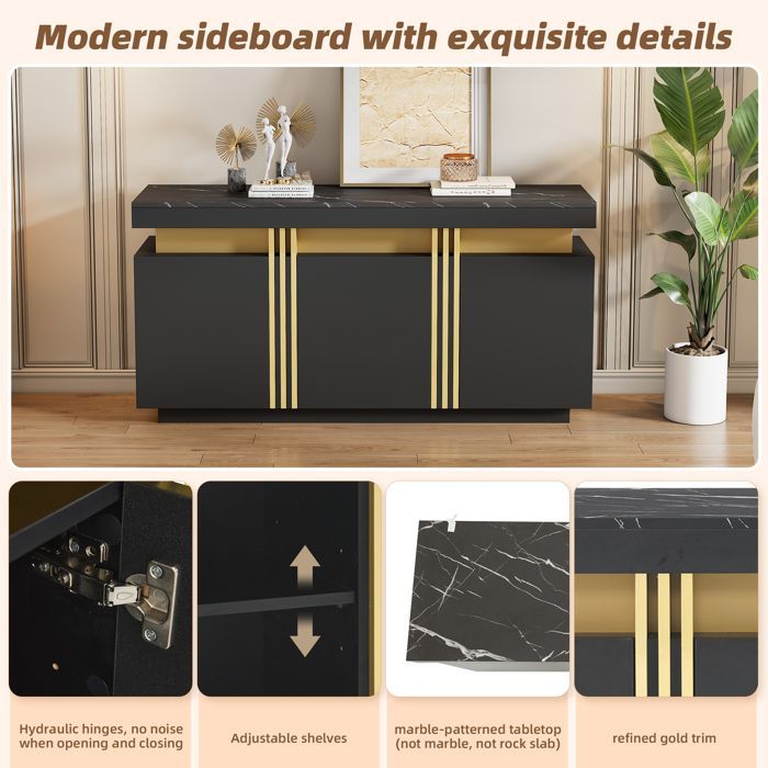 Aparador con efecto mármol negro, 140 cm - Armario de 3 puertas con tapa de mármol, 6 compartimentos, capacidad de 45 kg, diseño moderno y elegante.