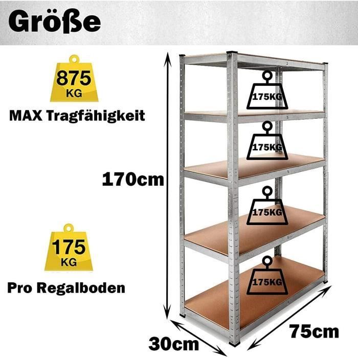 Modulares und vielseitiges Lagerregal für Werkstatt, 5 Regalböden, Garage – 170 x 75 x 30 cm – verzinkt – max. Traglast 875 kg