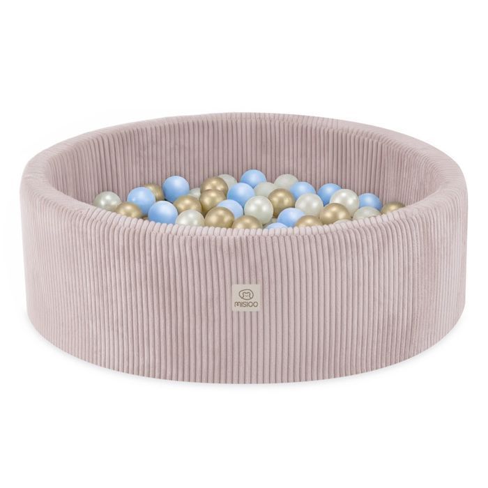 MISIOO Round Corduroy Ball Pit for Baby and Children's Room, Pink, 90x30 cm, 200 Balls: Blue/Gold/Pearl White