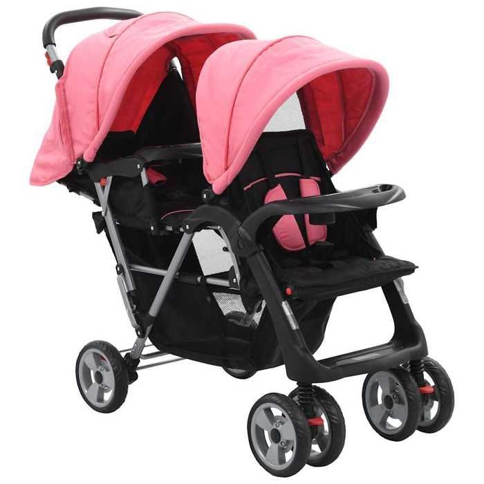 Cochecito doble - vidaXL - Rosa y negro - Acero - Diseño plegable