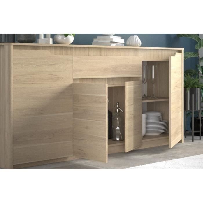 Buffet bas - Panneaux de particules - Décor chêne dakota - 4 portes + 1 tiroir - Betty - L 185 x P 46 x H 85,5 cm