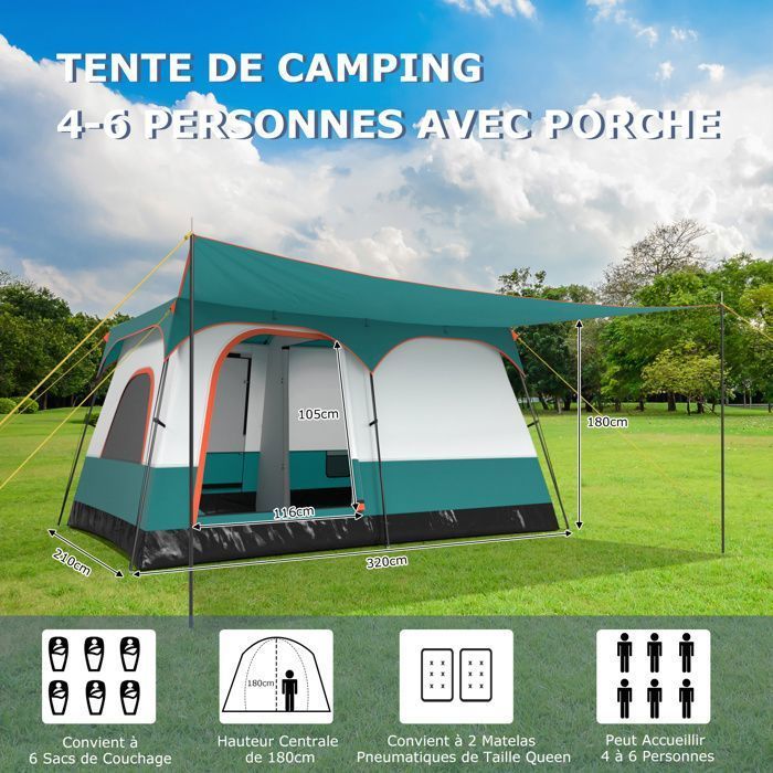 Tienda de campaña para 4-6 personas - COSTWAY - Toldo - 2 habitaciones, 2 puertas, 2 ventanas de malla, doble techo desmontable - Bolsa de transporte - Verde