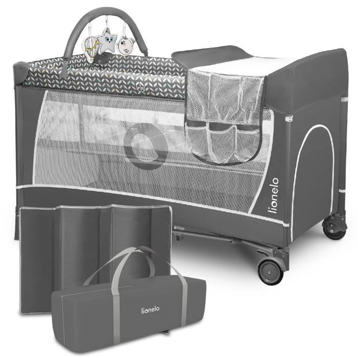 Cuna de viaje compacta 3 en 1 LIONELO Flower - Parque infantil - 0-36 meses - Bolsa de transporte - Plegado rápido - Ruedas - Gris oscuro