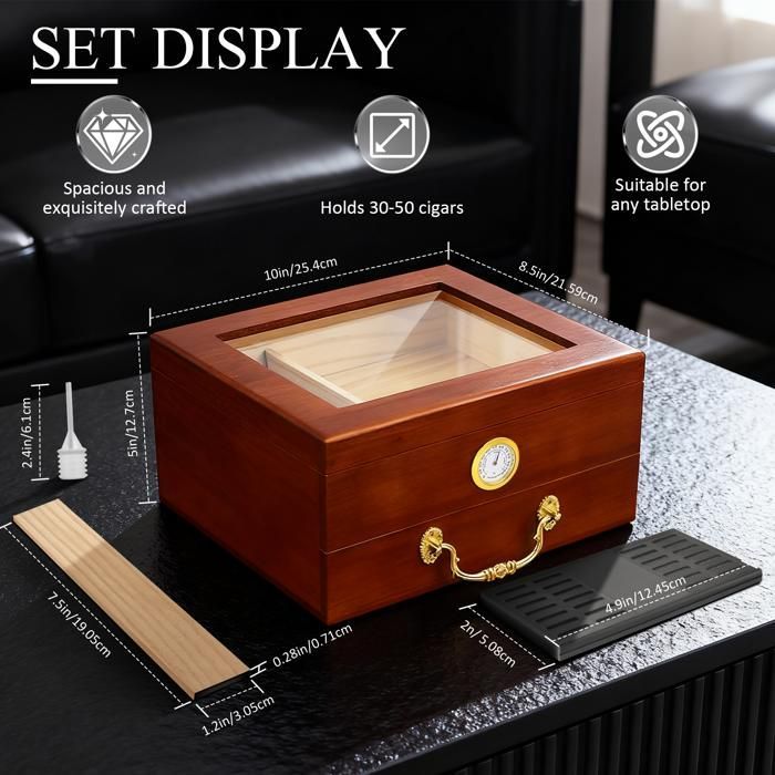 Humidor per sigari a doppio strato con cassetto, umidificatore, igrometro, divisorio e divisorio portatile per sigari.