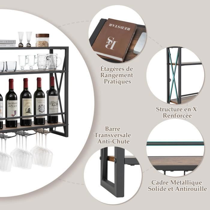 COSTWAY Casier à Vin Mural Industriel à 3 Niveaux avec Porte-gobelet en Métal, Étagère de Rangement pour Cuisine Bar Salle à Manger