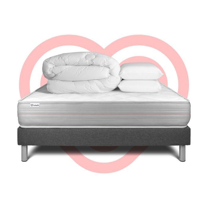 Juego de cama completo de 180x200 cm - Colchón + Base de cama gris (requiere montaje) + 2 almohadas + Edredón - Vitalmemo Gris