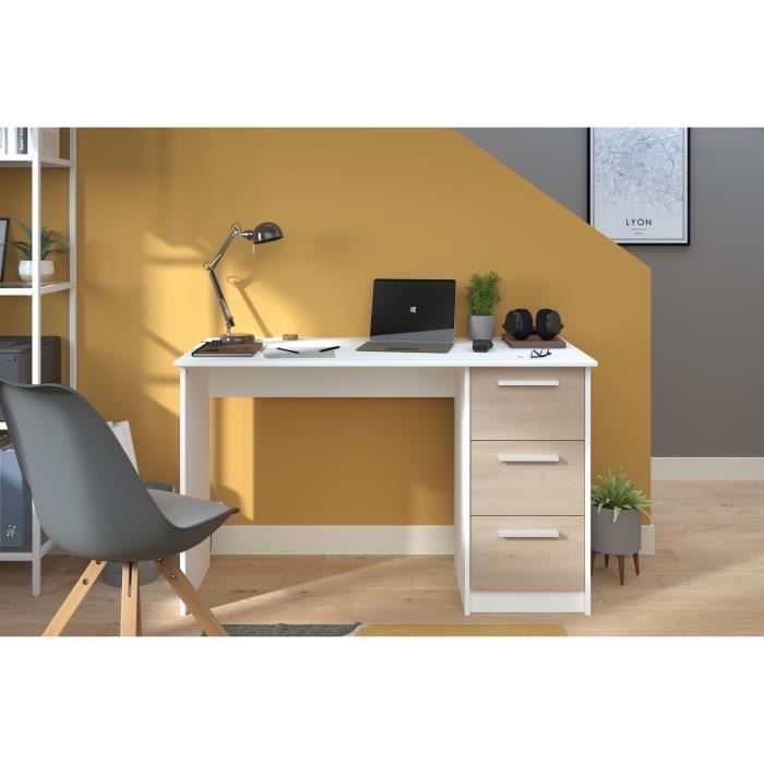 ESSENTIEL Straight Desk - 3 Drawers - Oak and White Finish - W 121.2 x D 55 x H 74.5 cm - PARISOT