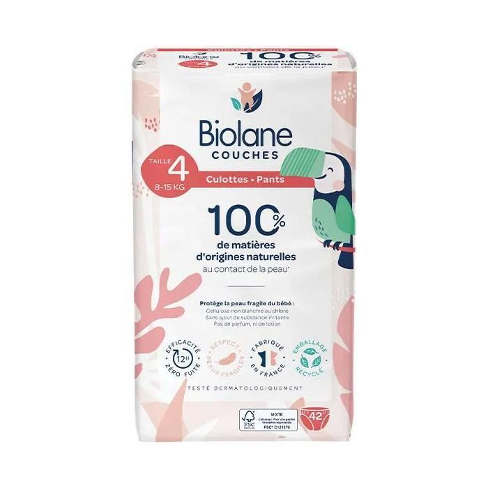 Biolane - Couches Culottes Naturelles Taille 4 - 12H - Zéro fuite - 42 unités