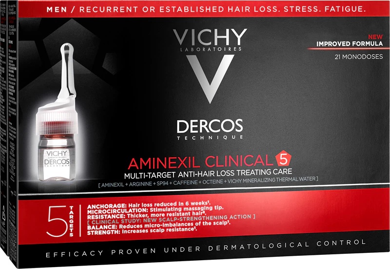 „Vichy Dercos Aminexil Clinical“ 5 taškų priemonė nuo plaukų slinkimo vyrams