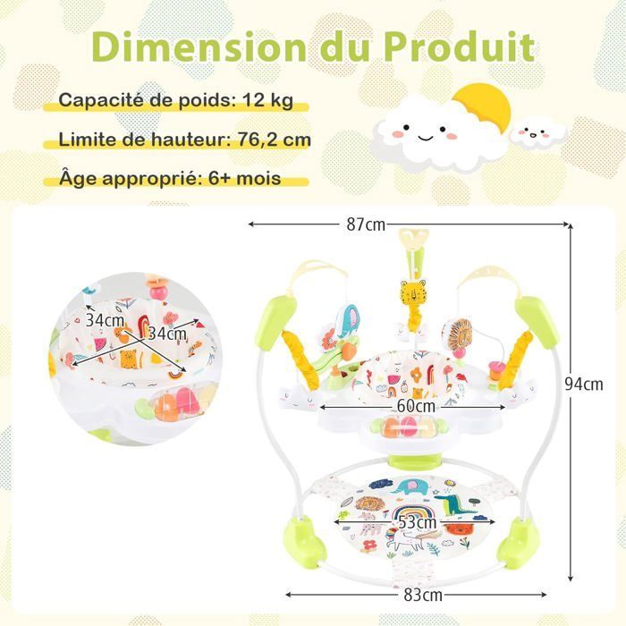 Andador musical para bebé COSTWAY Jumperoo - Altura ajustable - Juguetes interactivos - Caja de música con luces - Asiento giratorio 360° - A partir de 6 meses - Blanco