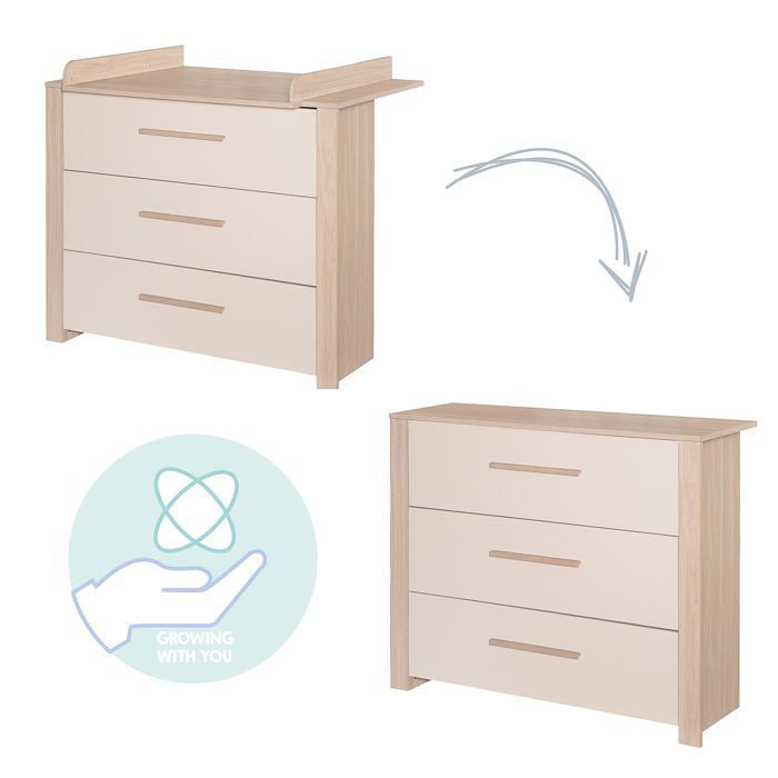 Conjunto de dormitorio convertible para bebé ROBA Momo - Cuna de 70x140cm + cambiador de 3 cajones - Beige cachemir - Roble Tristan