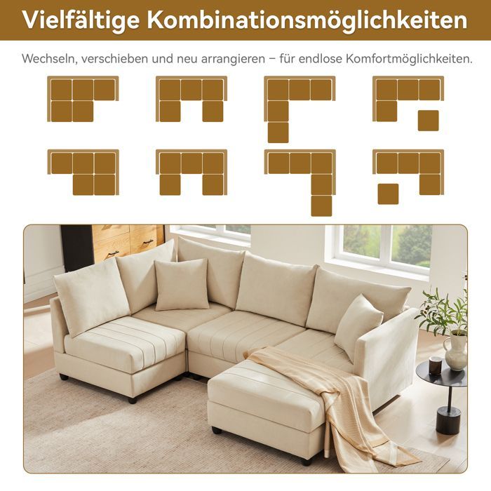 Canapé d'angle moderne, canapé cinq places avec pouf convertible, design modulable, coton et lin,convient aux salons et appartements