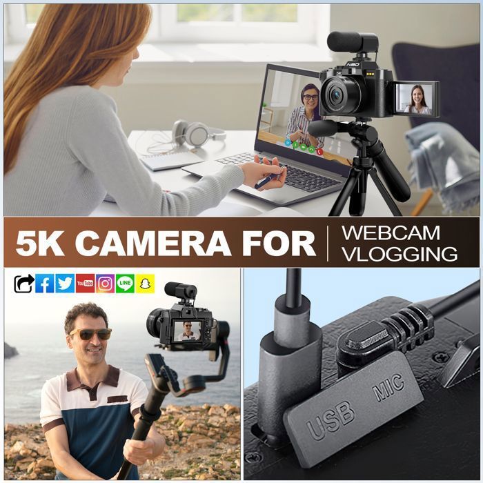 Videocamera digitale NBD 5K per fotografia e vlogging, 48 MP/60 FPS con Wi-Fi e controllo tramite app.
