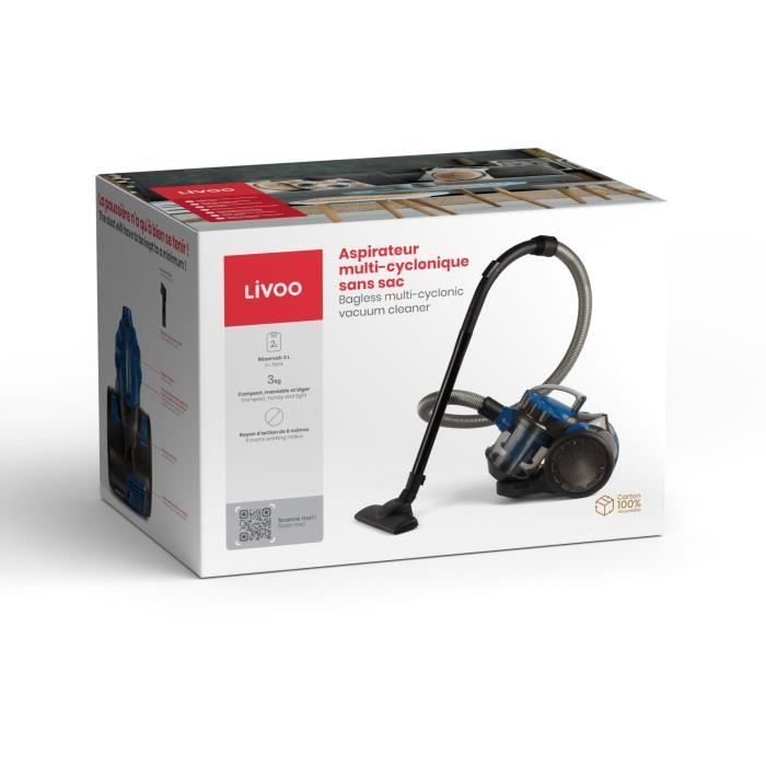 Aspiradora multiciclónica sin bolsa - LIVOO DOH105B - 700 W - 2 L - 78 dB - Filtro lavable - Boquilla 2 en 1 - Azul/Gris