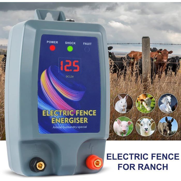 Fuente de alimentación para cerca eléctrica con clip de batería y alarma, seguridad para aves de corral, ovejas y ganado vacuno, ideal para