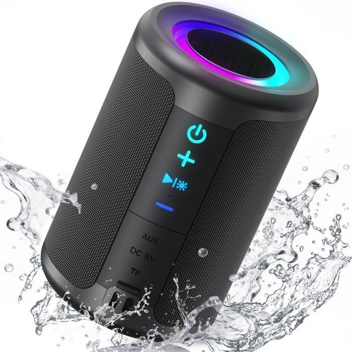 DJOIN Tragbarer Lautsprecher, 360°-Sound, Bluetooth 5.4, IPX5, Stereo-Kopplung, RGB-Beleuchtung, AUX-Anschluss, TF-Kartensteckplatz, 1800 mAh Akku, Freisprechfunktion