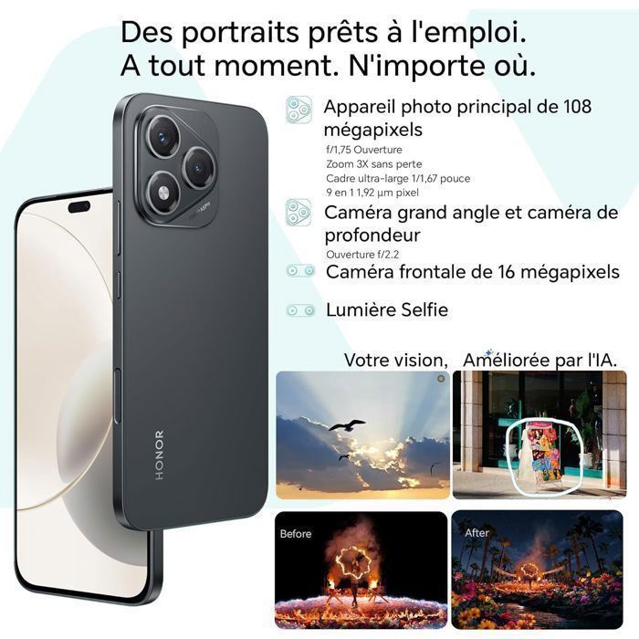 5G Smartphone - HONOR 400 Lite - 8GB RAM - 256GB - Black - AI Camera Button - 108MP Urban Portrait - 5230mAh - EU version