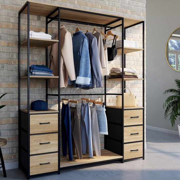 IDMARKET UTAH double wardrobe + double column, 140 cm wide, with 6 shelves and 6 fabric bins in wood and black