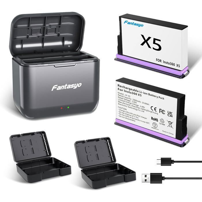 Lot de 2 batteries X5 de 2800 mAh + 1 hub de charge rapide triple canal uniquement compatible avec appareil photo Insta360 X5