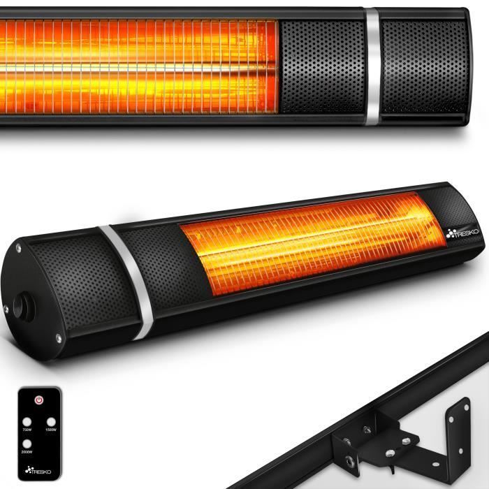 Calefactor infrarrojo exterior TRESKO de 2000 W | Calefactor radiante para patio | Montaje en pared | Control remoto | 3 niveles | Para interiores y exteriores