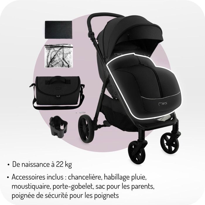 MoMi CLARA - Passeggino 0m+ fino a 22 kg - Barra girevole - Maniglione regolabile - Accessori inclusi: borsa, parapioggia - Nero