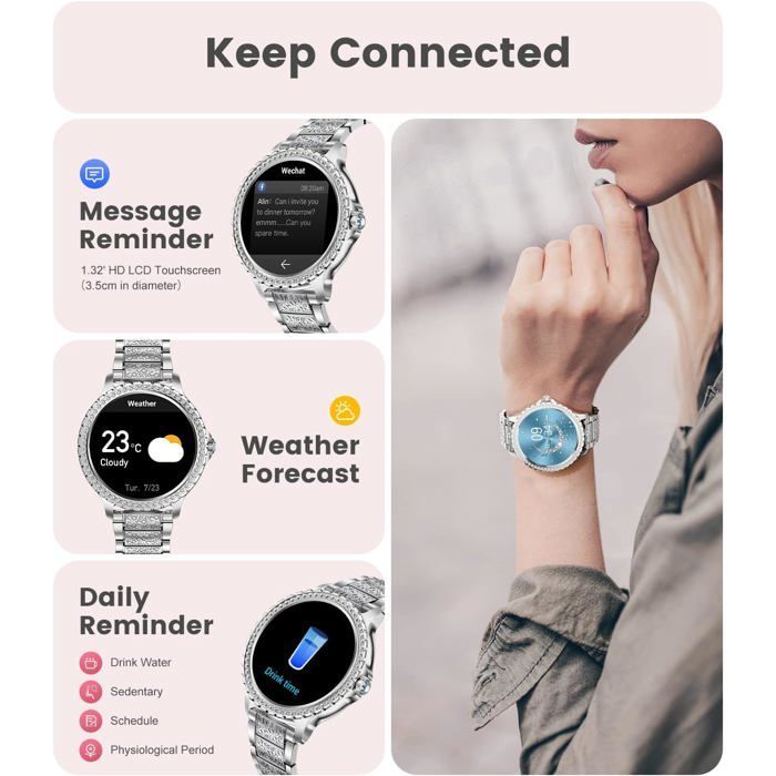 Smartwatch für Damen – ZVVN – 1,32-Zoll-Touchscreen – Bluetooth-Anrufe – Herzfrequenzmessung – Schlafüberwachung