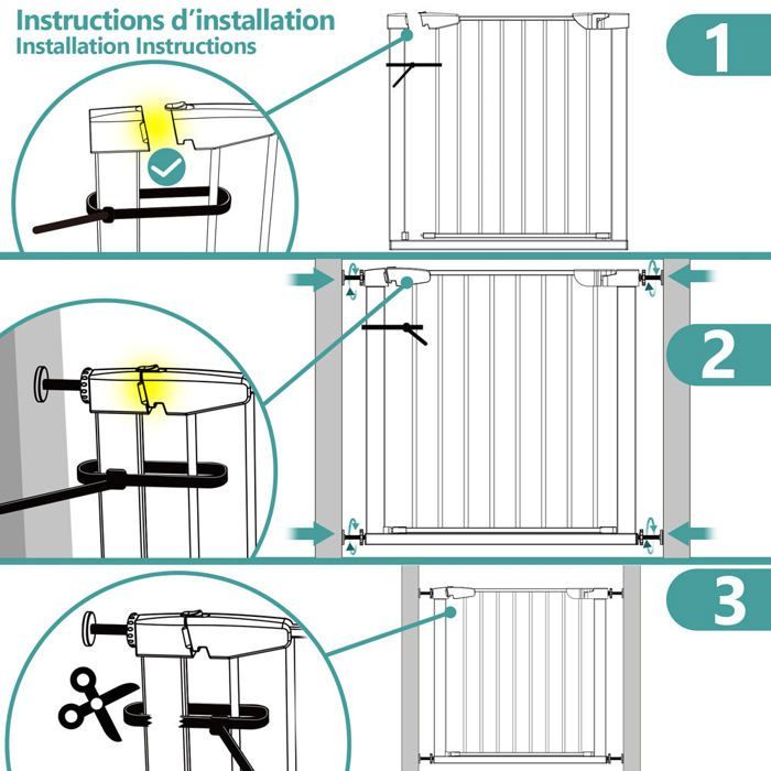 VOUNOT® Barrière de sécurité en métal - 100 à 108 cm - Sans perçage - Fermeture auto et magnétique, double verrouillage - Blanc