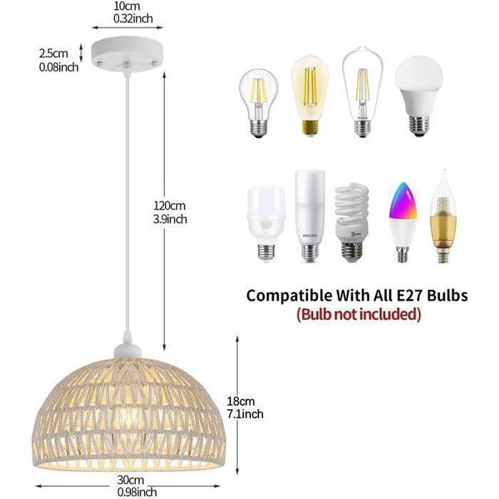 DORLINK Suspension Luminaire Rotin Naturel Moderne - Câble Ajustable 1,2 m - Douille E27 - Blanc - Pour Cuisine Salle à Manger