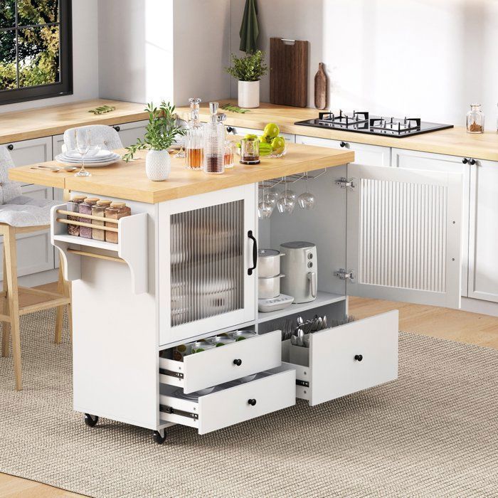 Keukeneiland met neerklapbaar werkblad - Luonians - 100 × 42 (70) × 91,5 cm, met 3 lades en 2 deuren - Wit