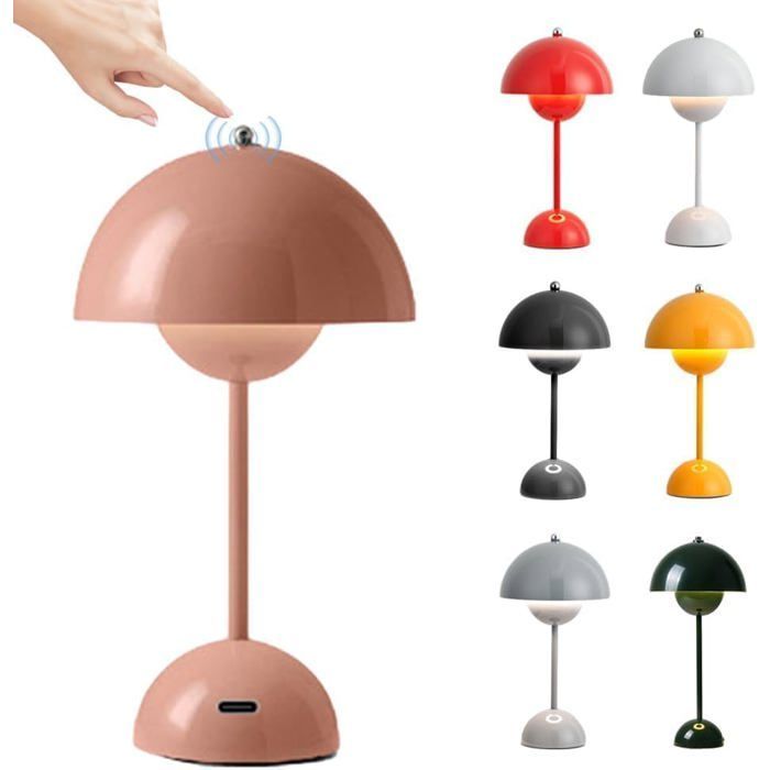 LED Flower Pot Table Lamp, Wireless Rechargeable Bedside Lamp, Dimmable Touch Mushroom Lamps with 3 Brightness Pink