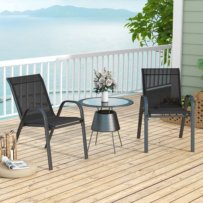 Set di 2 sedie da giardino COSTWAY, in tessuto traspirante, impilabili, con braccioli, ideali per patio, terrazza e veranda, colore nero.