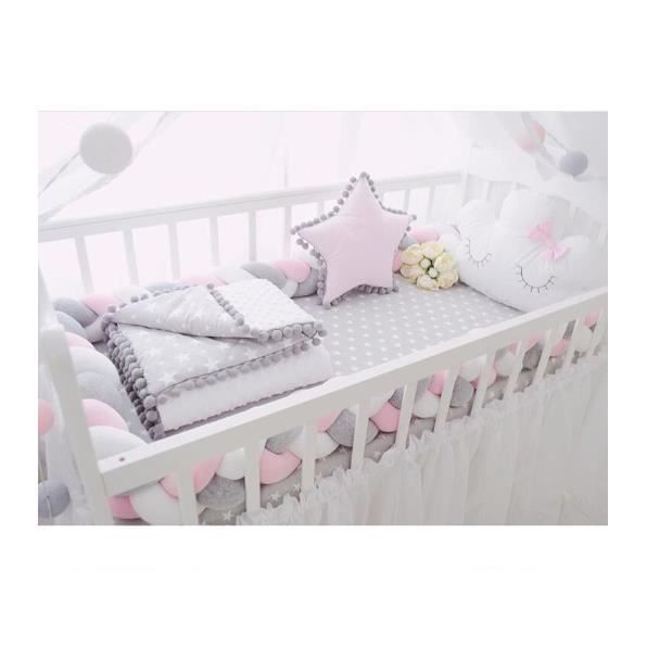 3M Tour de lit coussin Serpent Coussin Tressé pare-chocs Velours Protection bébé 100% Fait à Main （Gris+Blanc+Rose）
