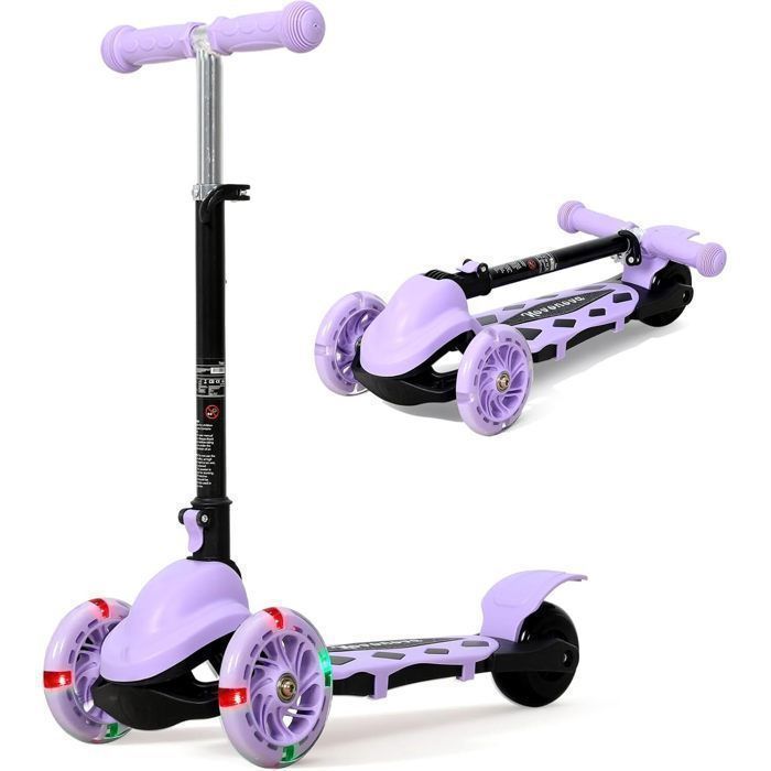 Trottinette Pliable avec 3 Roues Lumineuse LED pour Enfant 2 à 5 Ans Guidon Réglable en Hauteur 3 Niveaux Violet