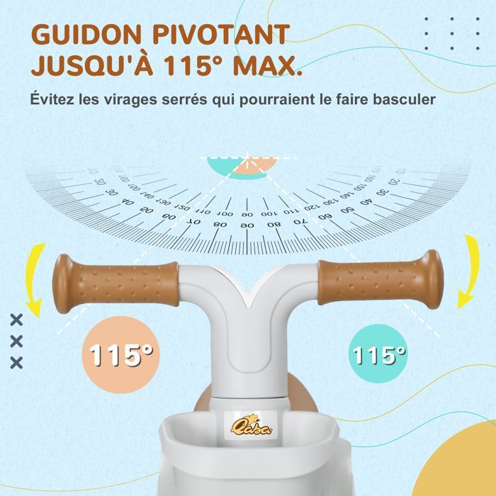 Bicicleta de equilibrio de 4 ruedas AIYAPLAY para niños - Sillín ajustable - Manillar ergonómico - Aleación de aluminio, PP - Edades de 1 a 3 años - Marrón/Blanco