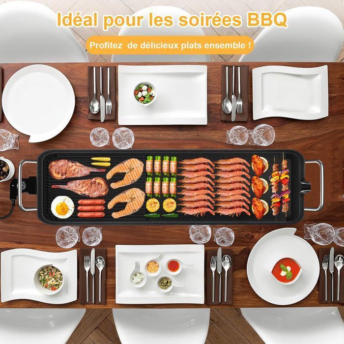 Plancha électrique XXL, Barbecue electrique - revêtement anti-adhésif, Surface mixte, Thermostat Réglable pour 8 personnes- 68*28cm