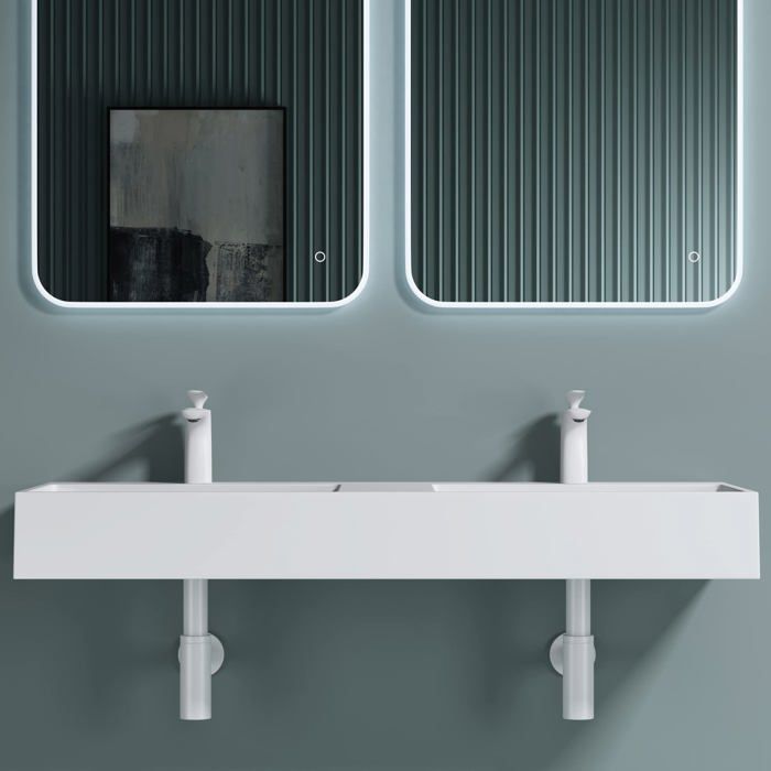 doporro Double lavabo suspendu blanc 160cm double vasque à poser lave mains rectangulaire de qualité pour salle de bain Colossum12