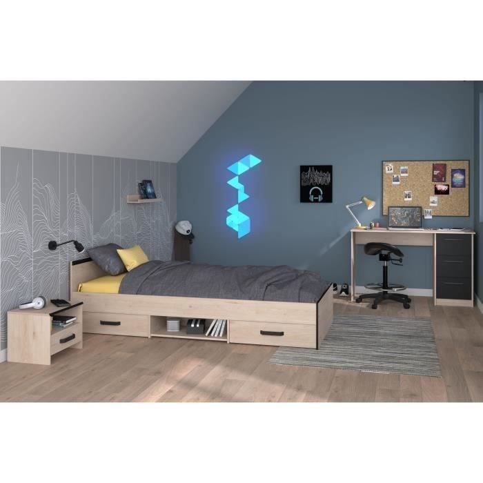 Chambre complète enfant 3 pièces ZODIAC - Lit + chevet + bureau - Décor chêne/noir - PARISOT