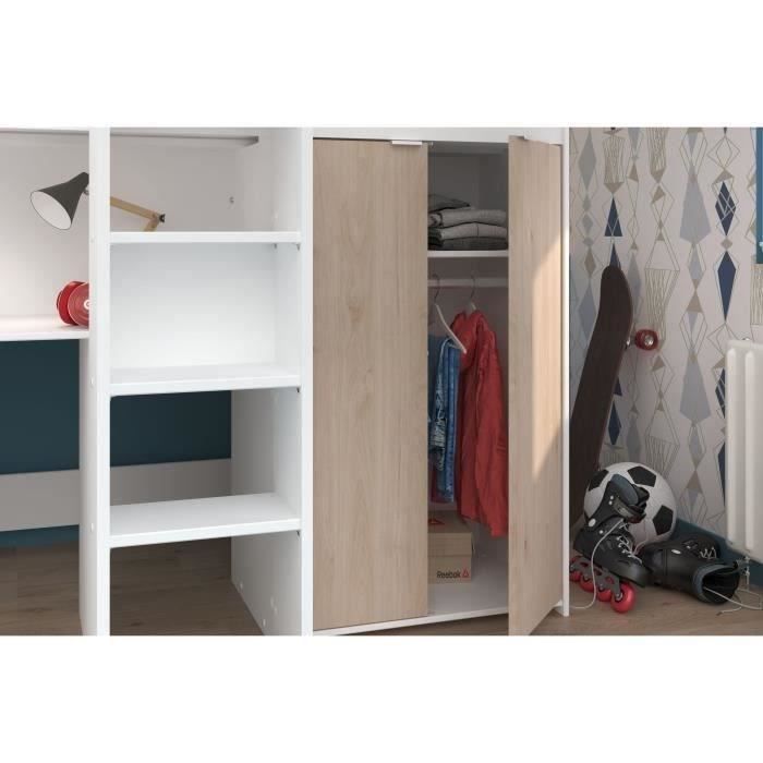 Cama alta infantil - TOM - Blanca y roble - Armario, escritorio y base de cama incluidos
