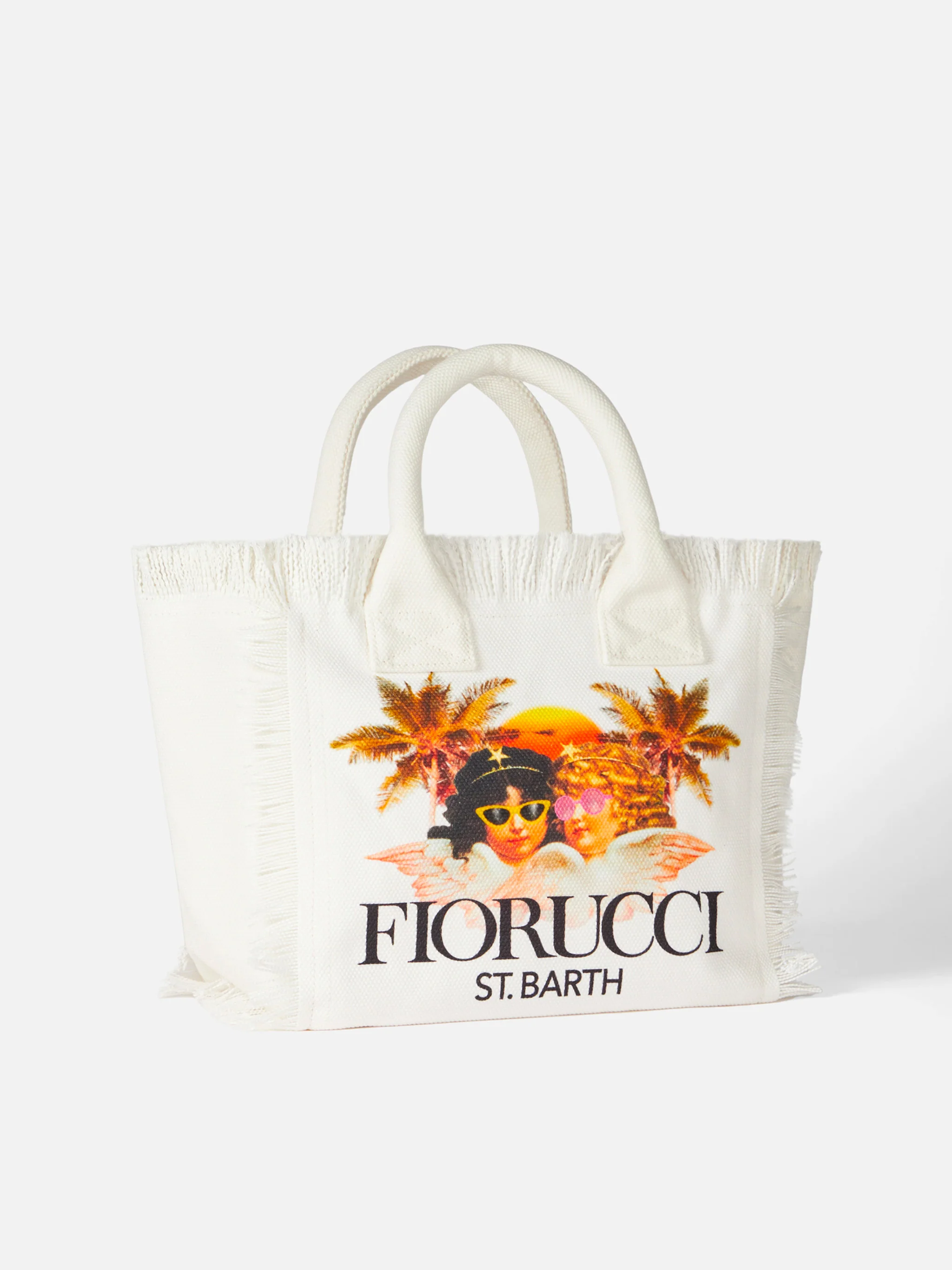 Sac à main Colette en toile blanche à franges – Imprimé Fiorucci Angels, logo, fermeture zippée et poche intérieure | MC2 Saint Barth | ÉDITION SPÉCIALE FIORUCCI