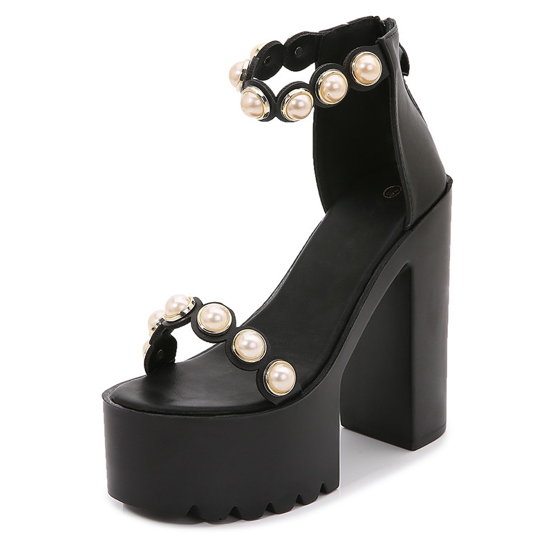 Sandales d'été pour femmes, nouveau modèle, talon épais de 14 cm, ornées de perles, à bout ouvert et semelle épaisse.