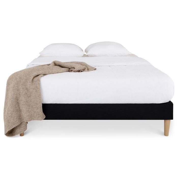 QUIMPER gestoffeerde bedbodem 140 x 190 cm, houten frame en zwarte stoffen bekleding, bedframe met poten