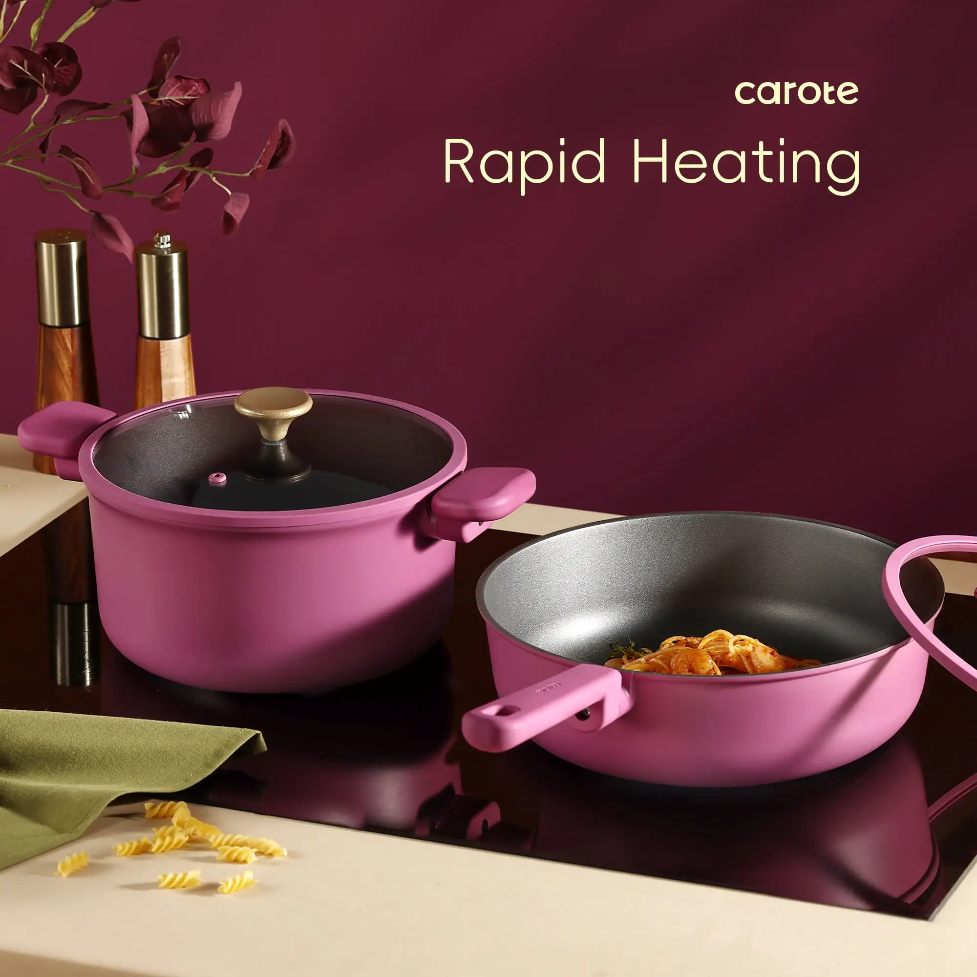 Batterie de cuisine, ensemble de casseroles et poêles antiadhésives, compatible induction, 16 pièces, rose