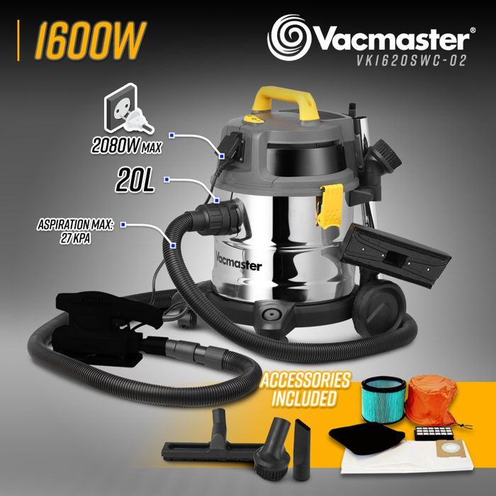 Wet and dry vacuum cleaner 1600W - 20L stainless steel - 27 kPa with integrated power outlet